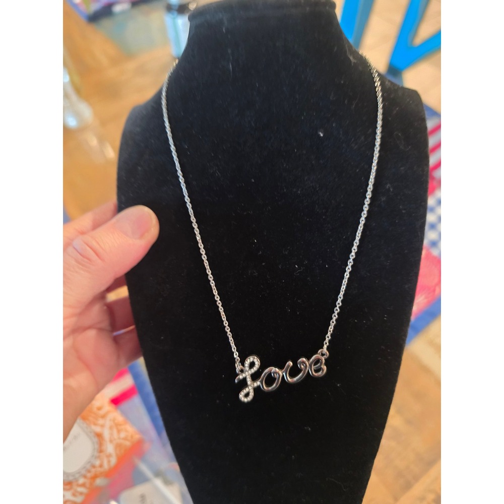 Lia Sophia Silver Tone Rhinestone Script Love Pendant Necklace Cable Chain